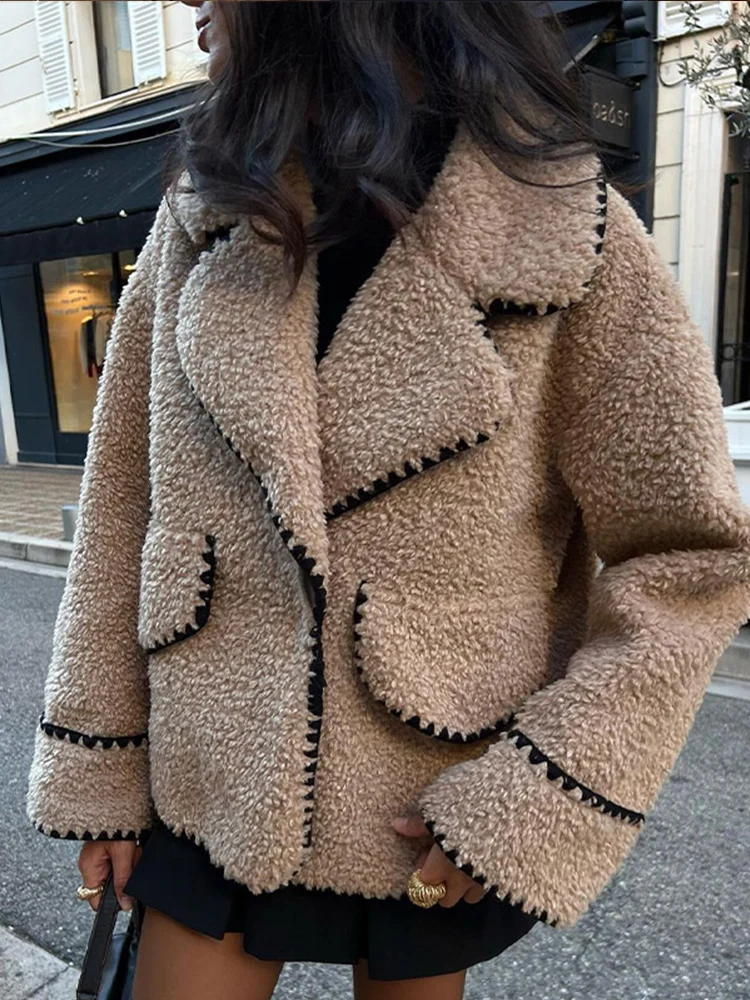 Fashion Solid Lapel Lamb Wool Jacket For Women Elegant Round Neck Long Sleeves Pockets Coat 2024 Autumn Winter Warm Outerwear