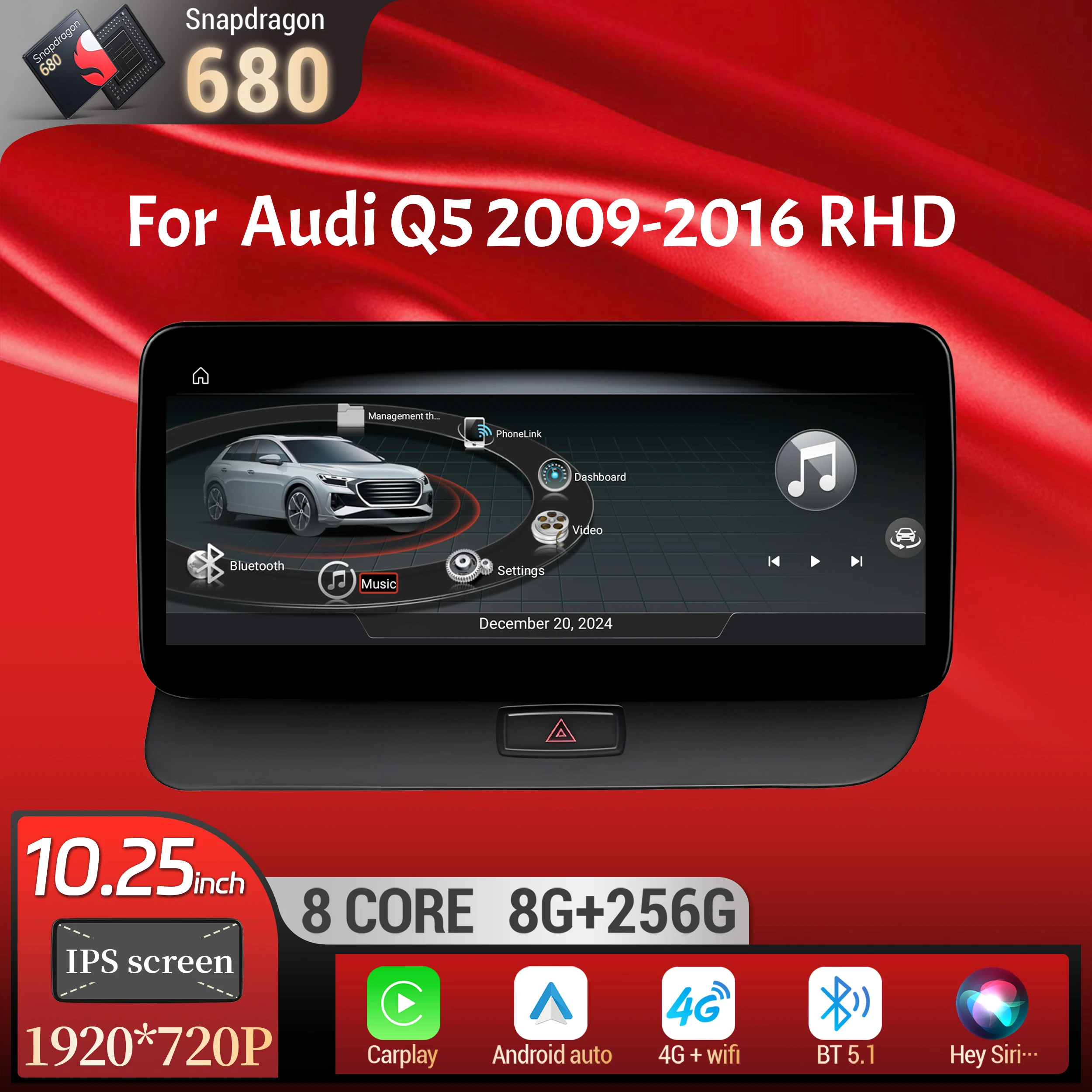 

10.25 inch Right Hand Drive Android 14 For Audi Q5 2009-2016 Car Radio Wireless Bluetooth Carplay Qualcomm Snapdragon 680 Screen