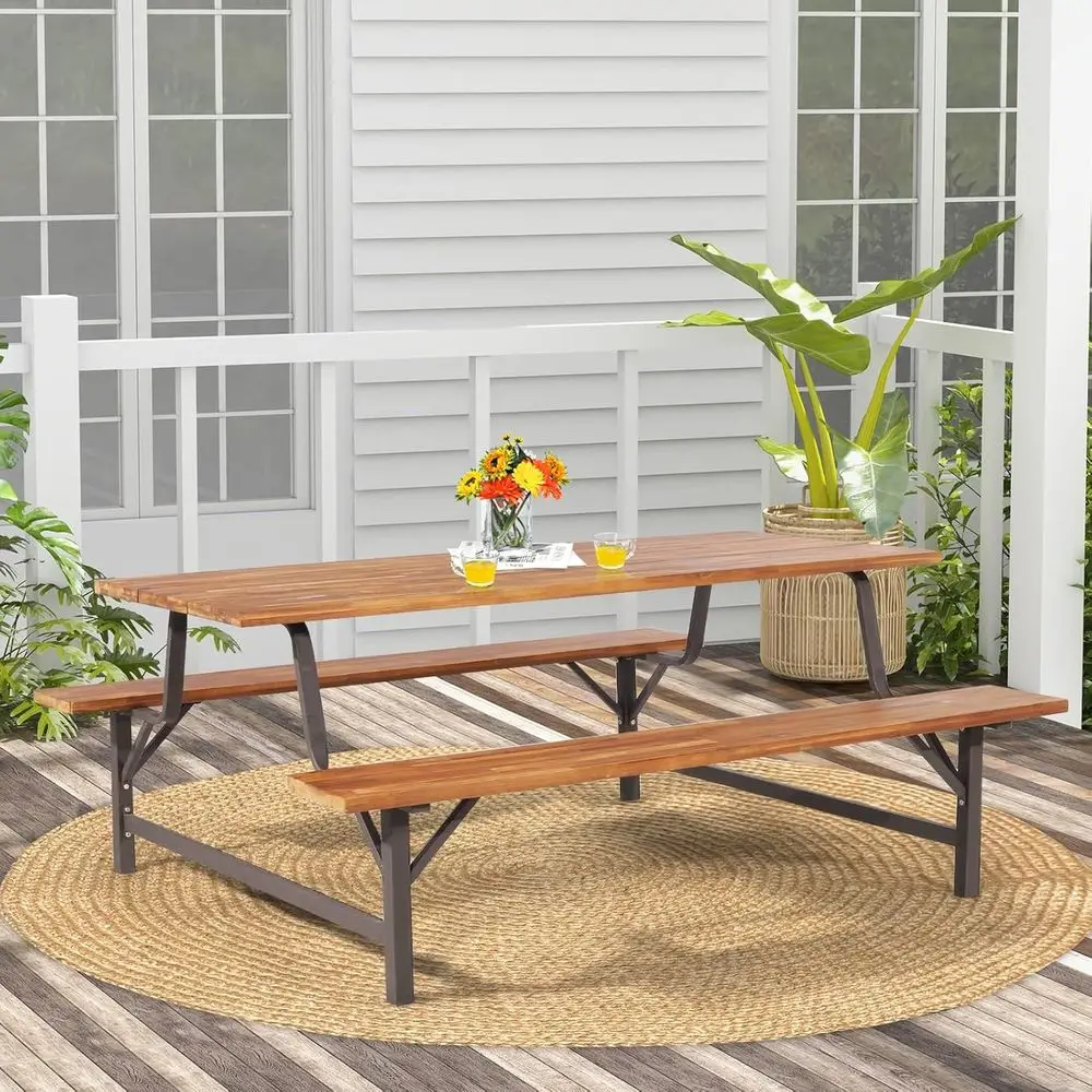 Acacia Wood Patio Dining Set with Metal Frame, 71 Rectangular Table and Umbrella Hole