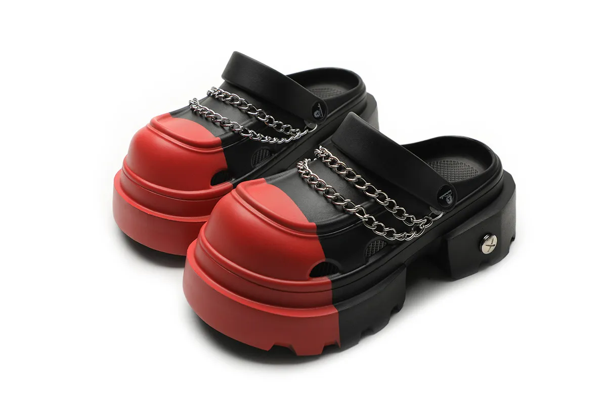 Red Black Contrasting Colors Punk Hole Shoes Women's Platform Muffins Heavy Industry Subculture Y2k Chain Bag Head Cool Slippers
