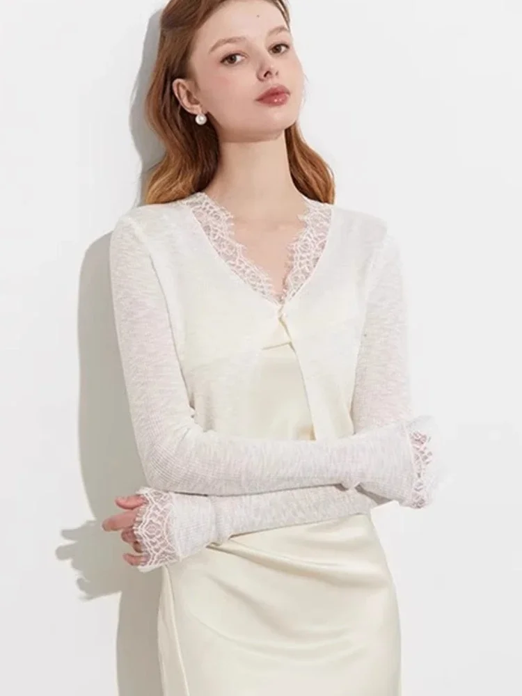 夏用薄手カジュアル無地レディース日焼け止めカーディガン韓国風長袖カーディガンレース付きワンボタンクロップトップ女性用ニットセーター