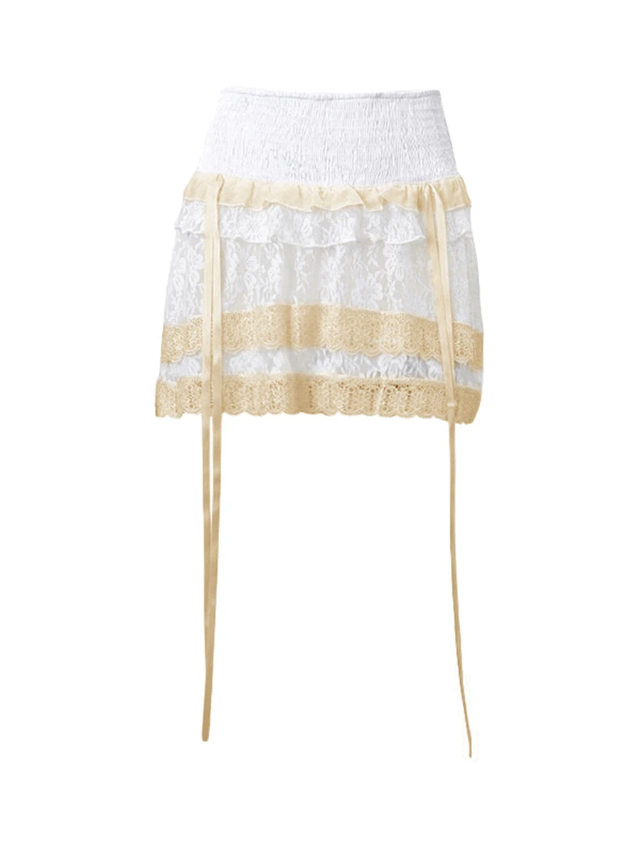 Women s Mini Skirt White Low Waist Lace Stitching Bandage Ruffle Skirt Summer Streetwear