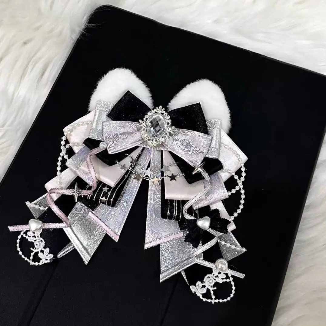 

Luxury Rhinestone Lolita Cat Ear Bow Cosplay Bowtie Anime Crabbing Bowkont Shirt Collar Flower High-end Brooch Accessories Gifts