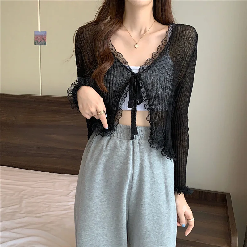 Lace Frenulum V-neck Women\'s Sunscreen Cardigan Knitted T-shirt Slim Fit Shirt Long Sleeved Ice Silk Top Youth Elegant