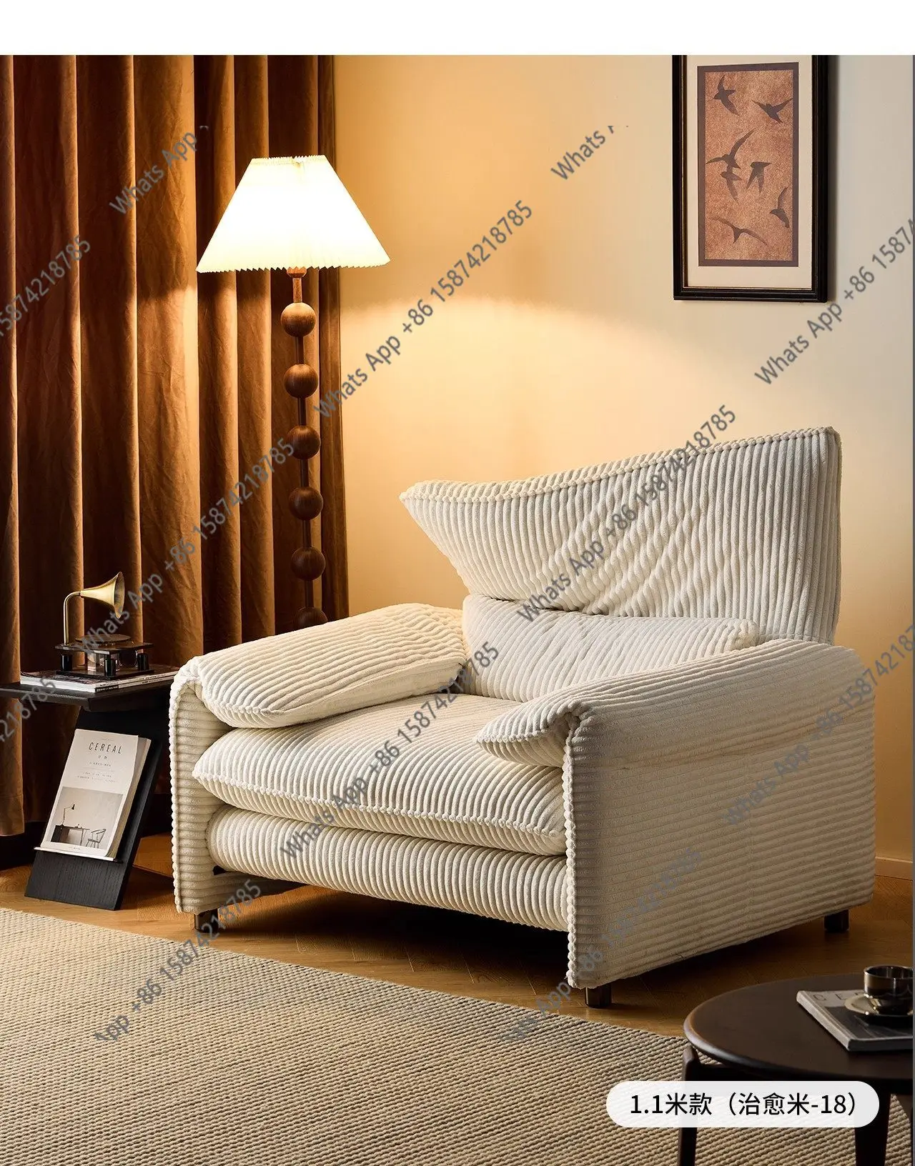 

Fabric small apartment living room corduroy cream wind high backrest bedroom single sofa lazy sofa