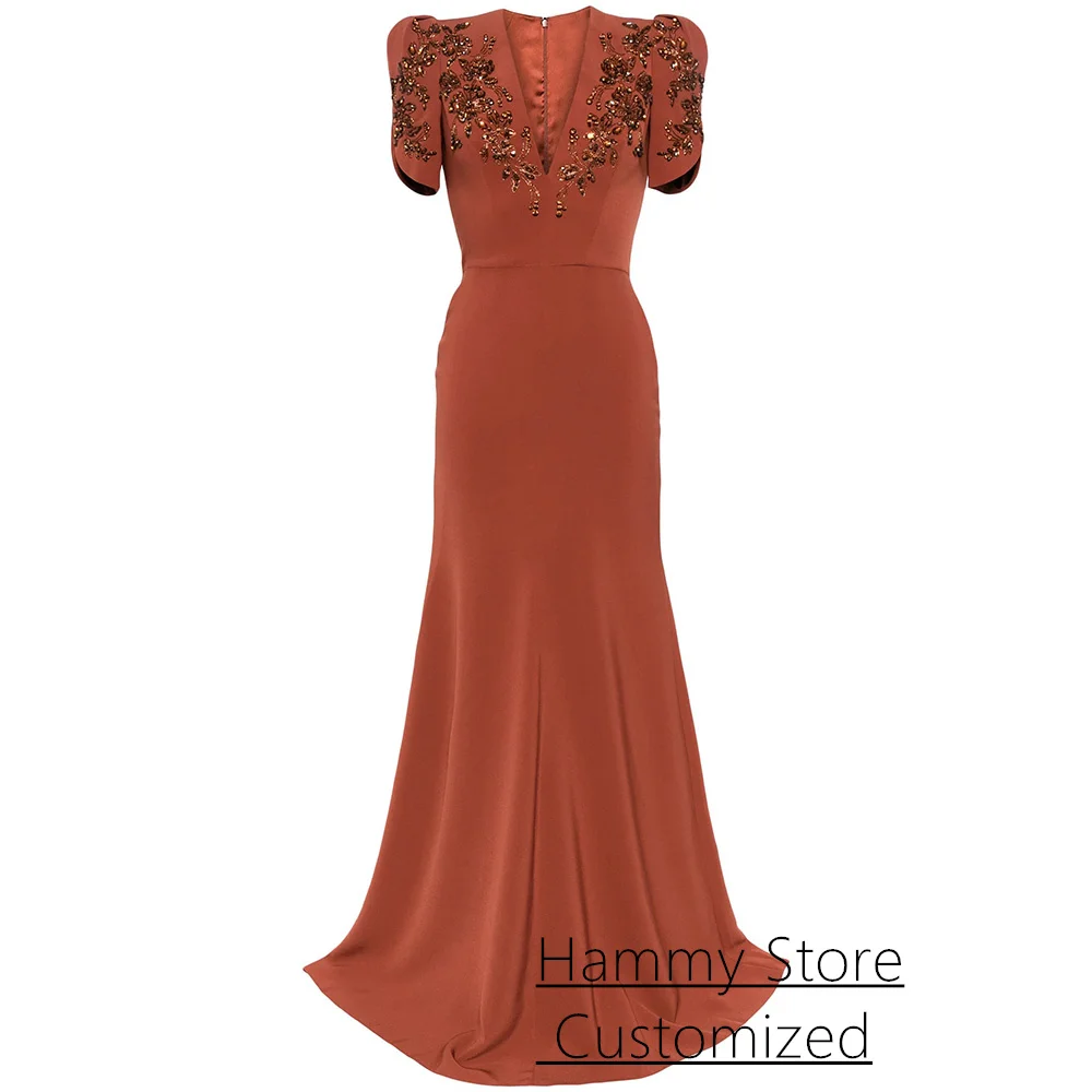 Unique Prom Dress Customized Short Sleeves V Neck Crystal Beading Sweep Train Mermaid Evening Gown Formal Party Dresses image 4