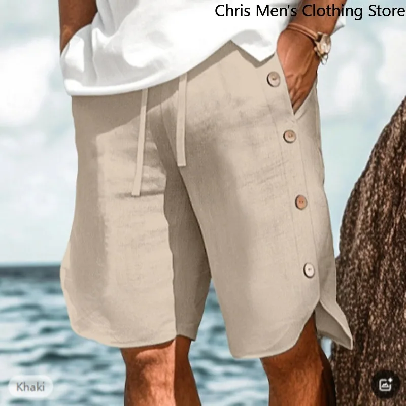 

Летние мужские шорты, однотонные свободные шорты из хлопка и льна, регулируемая линия талии, дышащие пляжные повседневные брюки