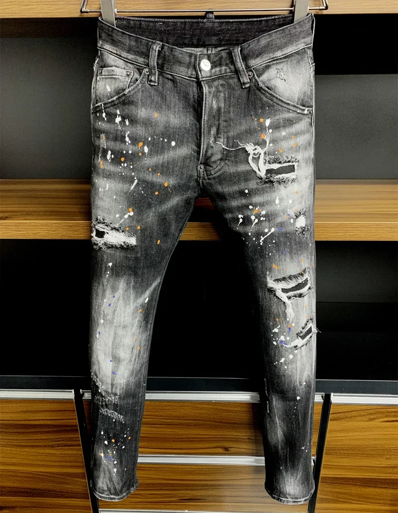 ICON BRAND dsq2 Men Jeans Denim Pants Hole Slim Pencil Trousers Metal Buttons Party Classics Fashionable Black D2 jeans