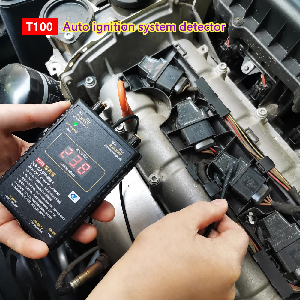 ระบบตรวจจับการจุดระเบิดอัตโนมัติ0-50KV เครื่องทดสอบแรงดันไฟรถยนต์แบบพกพา T100เครื่องวิเคราะห์การจุดระเบิดของกระบอกสูบตำรวจ12V 24V