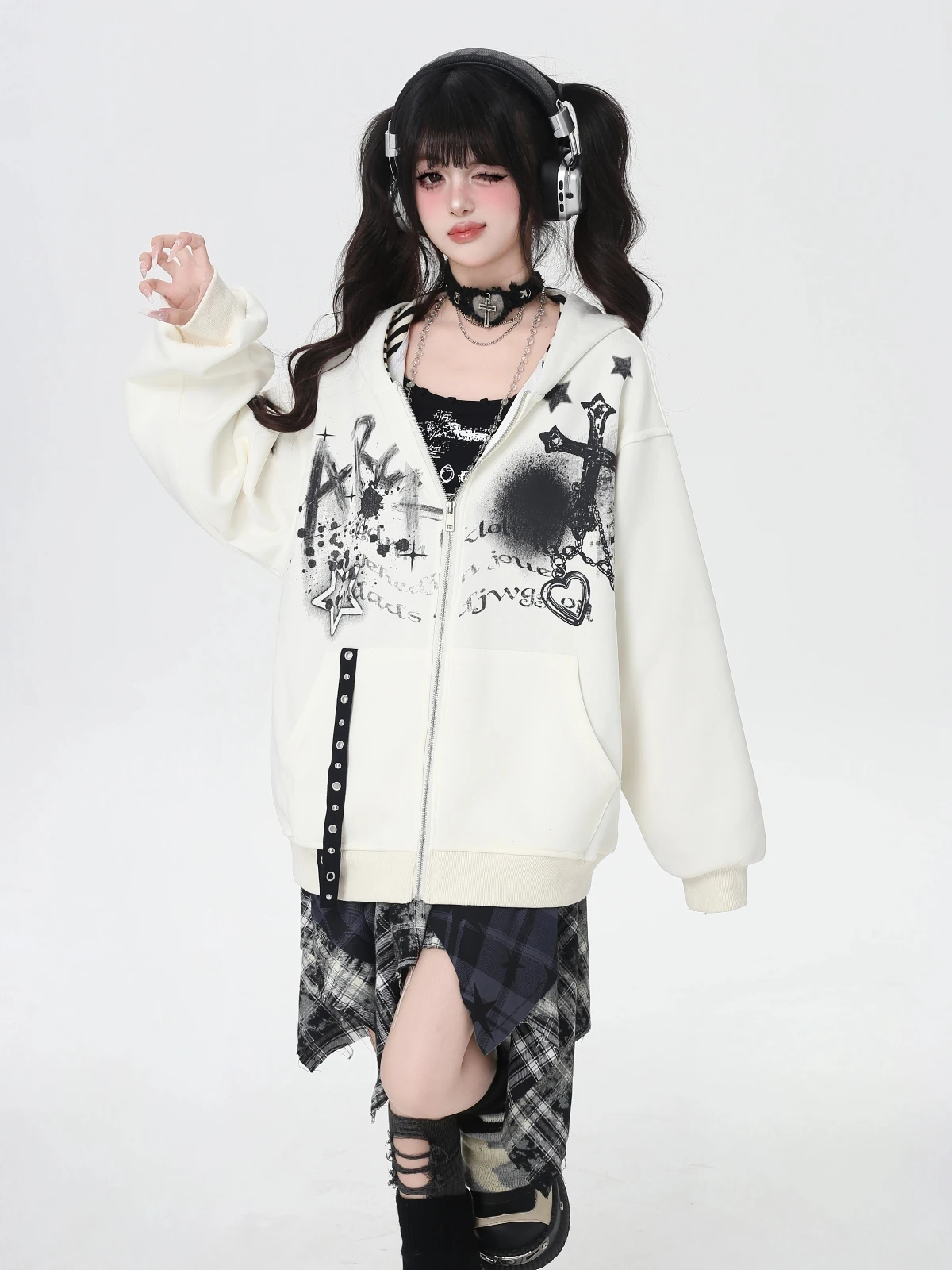 Fashion Highstreet Sweet Cool Subculture Girl Jacket Zipper Long Sleeve Printed Hoodies Loose Casual Versatile Sweatshirts Women