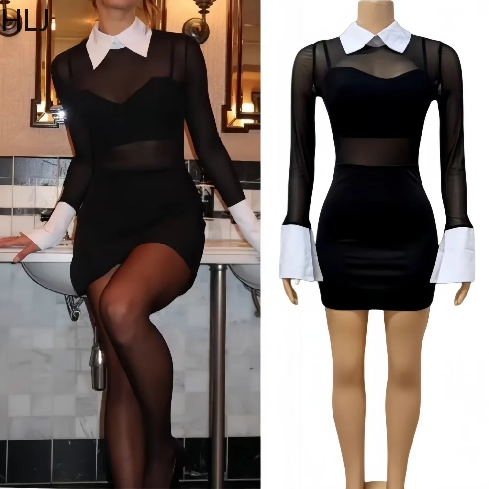 

HLJ Sexy Mesh See Through Bodycon Dresses Woman Shirt Collar Long Sleeves A-line Line Dress Female Streetwear Vestidos 2026 New