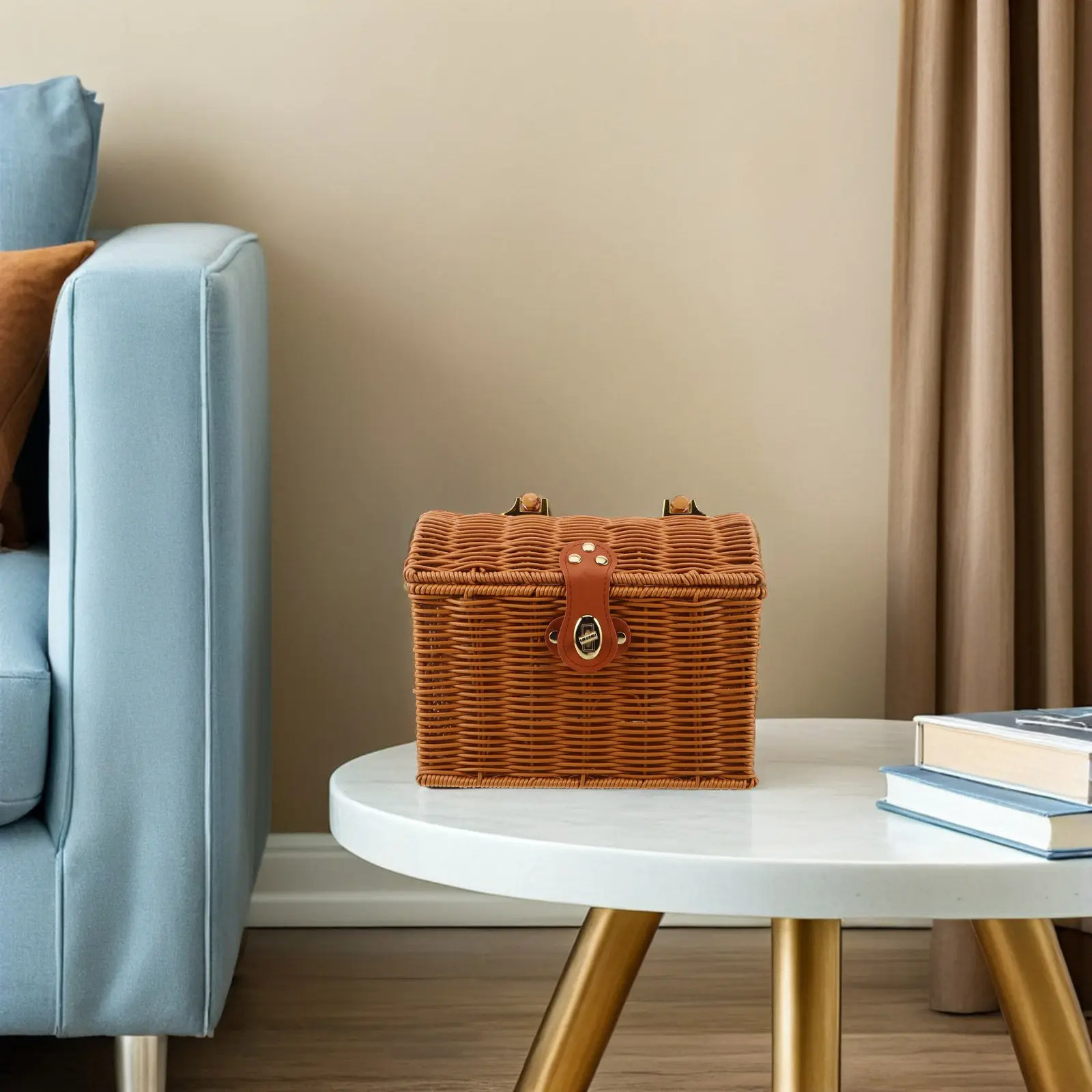 

Imitation Rattan Mahjong Storage Box Retro Woven Portable Mahjong Case Handle Lock Lid Decorative Lidded Basket Travel Camping