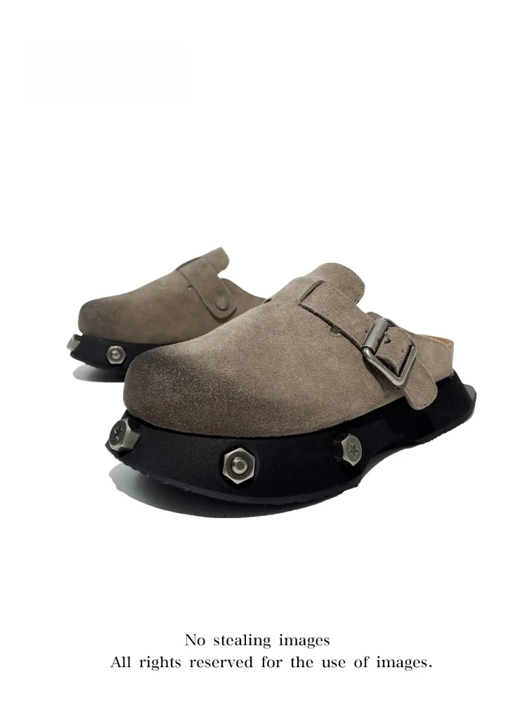 

Mib'Vias 2025 Thick Bottom Slippers Soft Wood Men Casual Half Slip Hong Kong Trend round Toe Flat Heel Fashionable