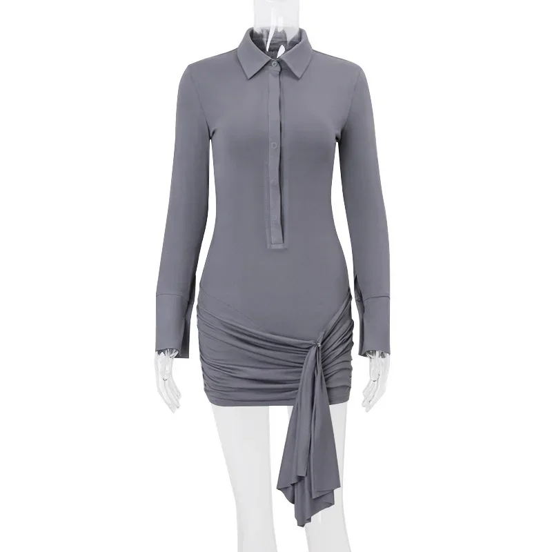 Sexy Strappy Plissee Minikleid Damen Revers Einreiher Sheer Minikleid Schlank Solide Langarm Party Club Kleid