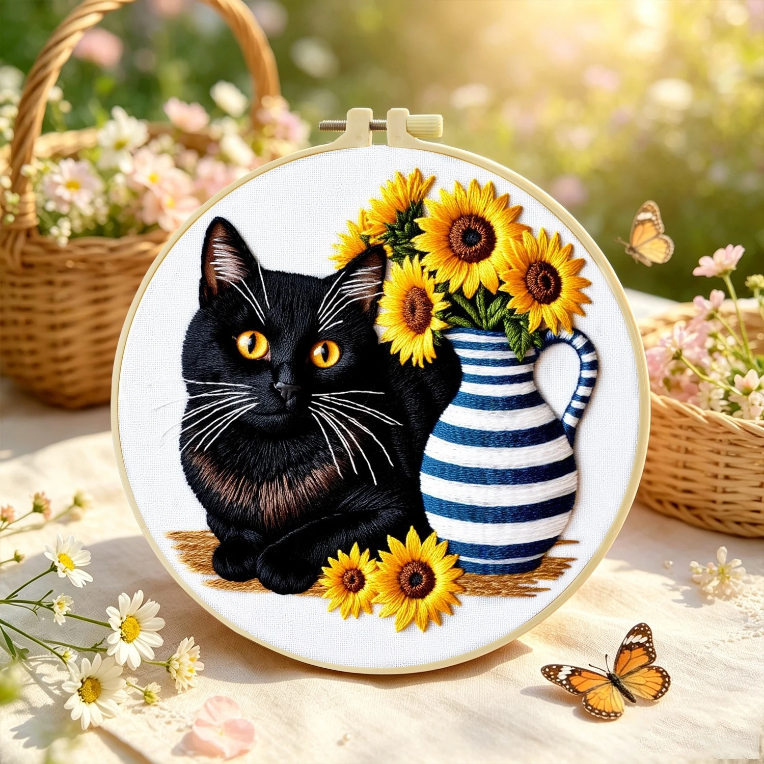 1 Set Sonnenblumen-Vase Schwarze Katze DIY-Stickerei-Set für Anfänger, Stickerei-Starter-Kit, Kreuzstich-Kunstgeschenk, Handarbeits-Bastelset – Detail 5