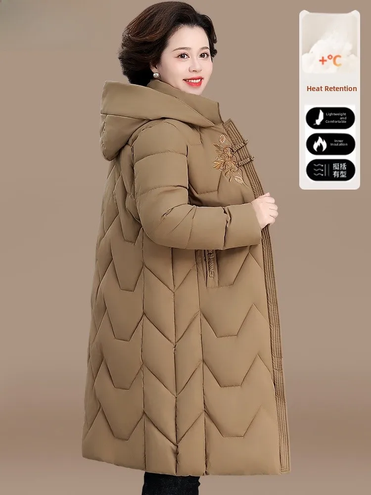 

Утепленное пуховое пальто средней длины для женщин среднего возраста, до колен, осенне-зимняя модная верхняя одежда из утолщенного полиэфирного волокна