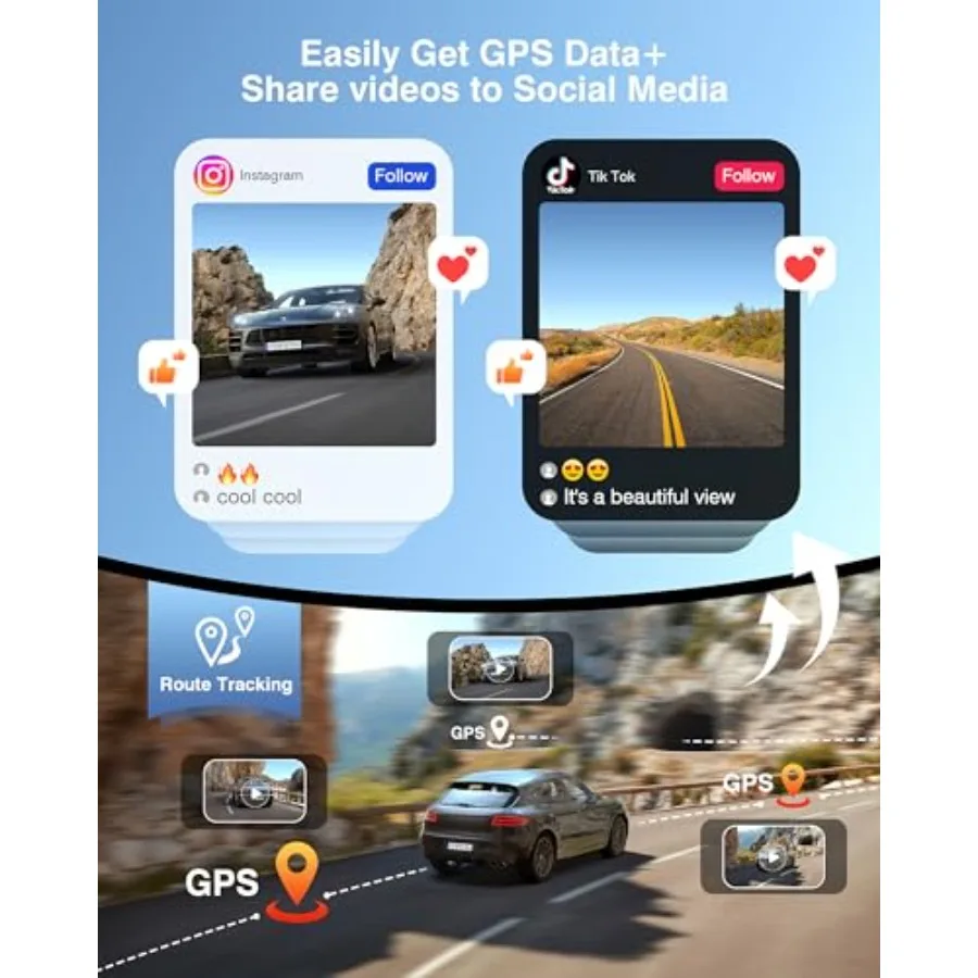 4K Dash Cam Front and Rear with GPS for cars, 160 wide angle, night vision, WDR, 24H parking monitor, emergency lock, 3 IPS scr view 4