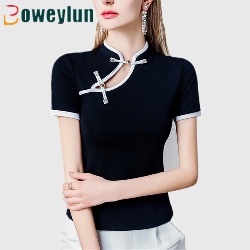 

Boweylun New Chinese Plate Button Cotton Standing Collar T-Shirt Women Hollow Colour Blocking Short Sleeve Tops Female