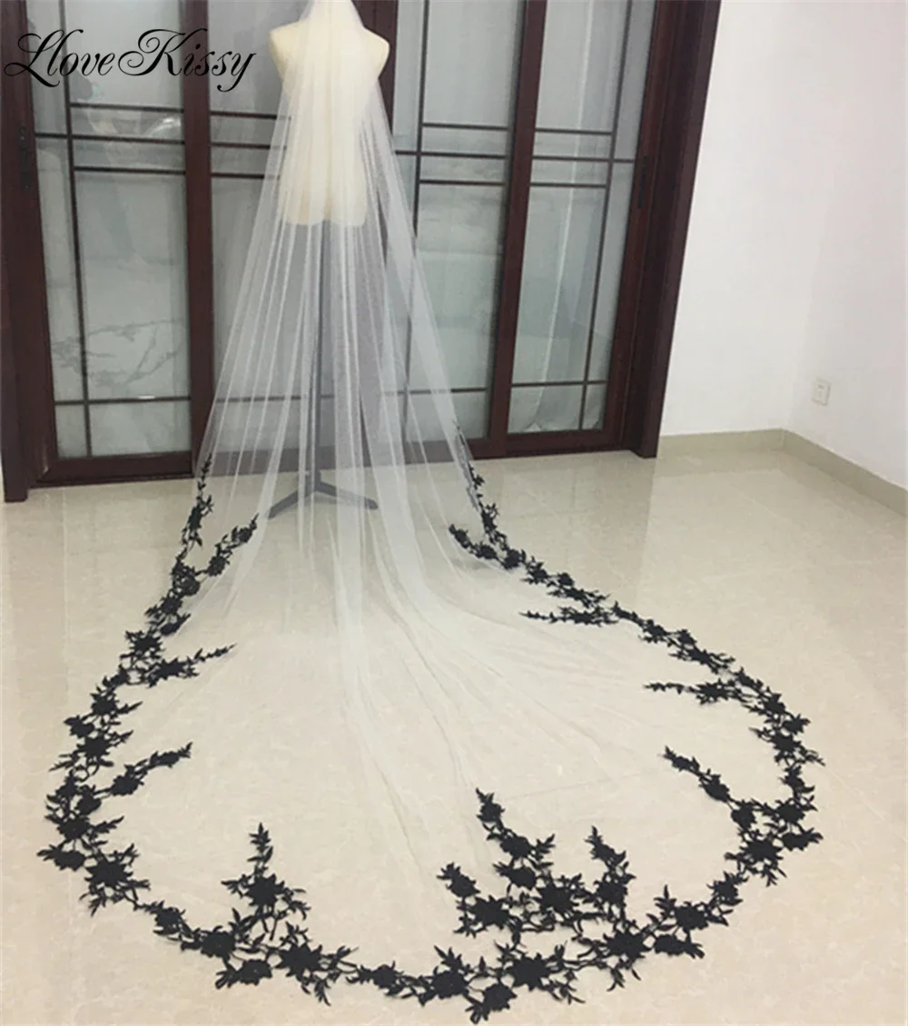 Voile de mariée long noir avec appliques en dentelle florale, élégant voile cathédrale pour patients, blanc ivoire, 300cm