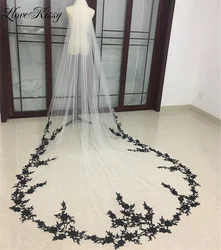 Véu de casamento para noiva, apliques longos de renda preta, véu nupcial floral, elegante marfim branco catedral, 300cm