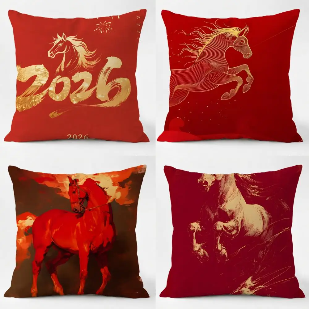F-fortune little horse red tone Cushion Cover Daily Washable Linen Pillowcase Soft  for Sofa Bed Home Room Decor