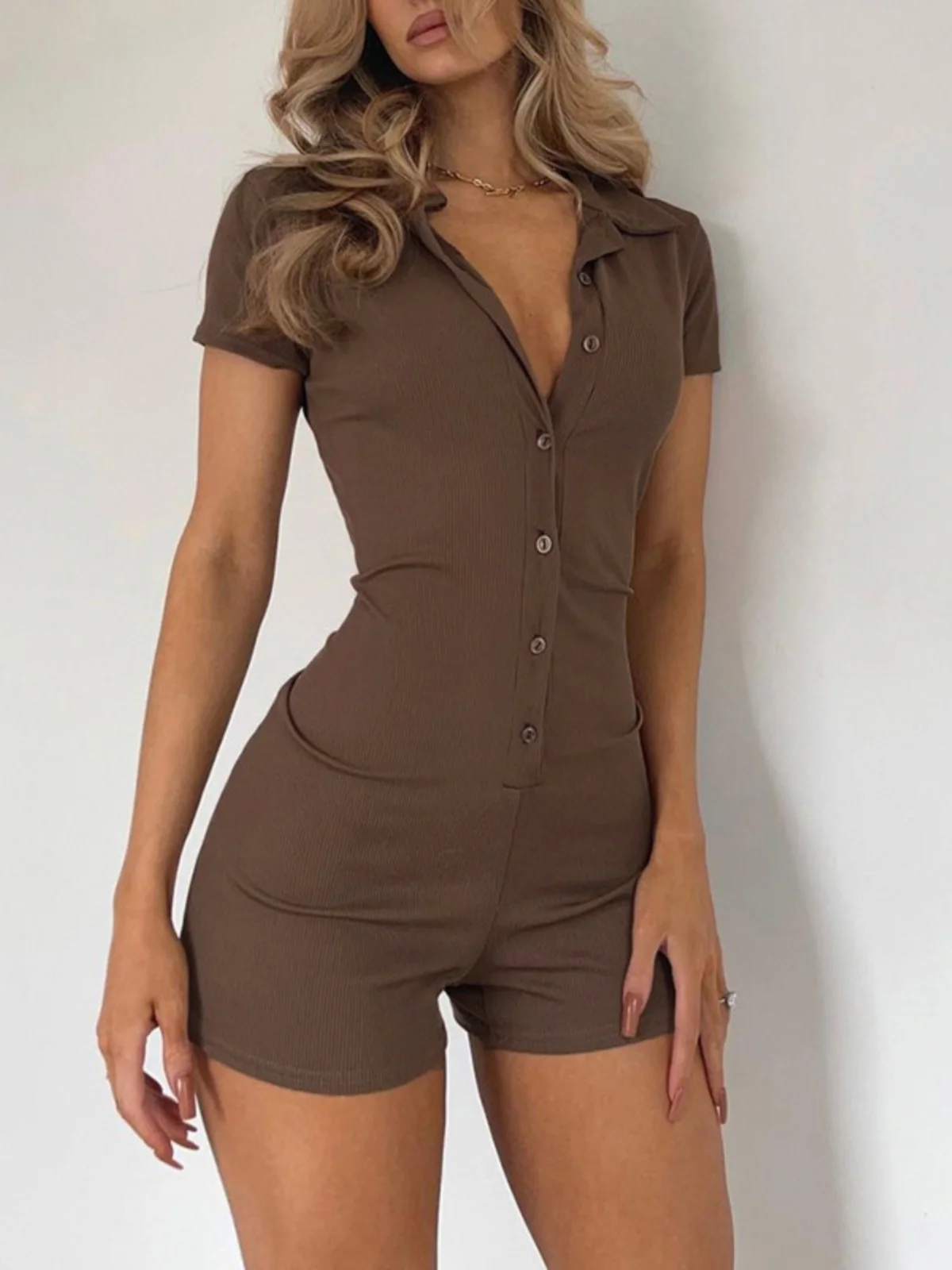 

Ce Brown Collared Buttoned Ribbed Slim Fit Casual Jumpsuit High Waist Long Pants Fabric Other Basic ort Pants