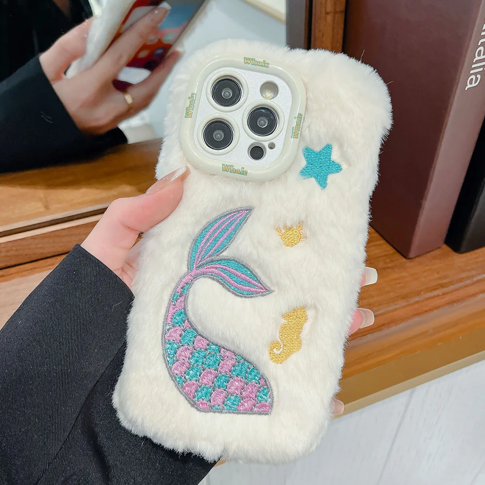 Plush Embroidered Fish Stand Phone Case Suitable for IPhone 11 12 13 14 15 Pro Max Fine Hole Lens Protection Shockproof Cover