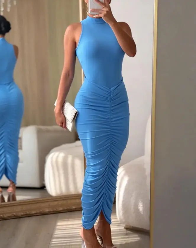 Women's Dress 2026 Spring Summer New Solid Color Mock Neck Sleeveless Sexy Racerback Slit Slim Fit Ruched Bodycon Party Dress