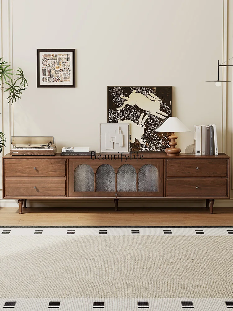 

*Medieval solid wood TV cabinet living room household black walnut furniture