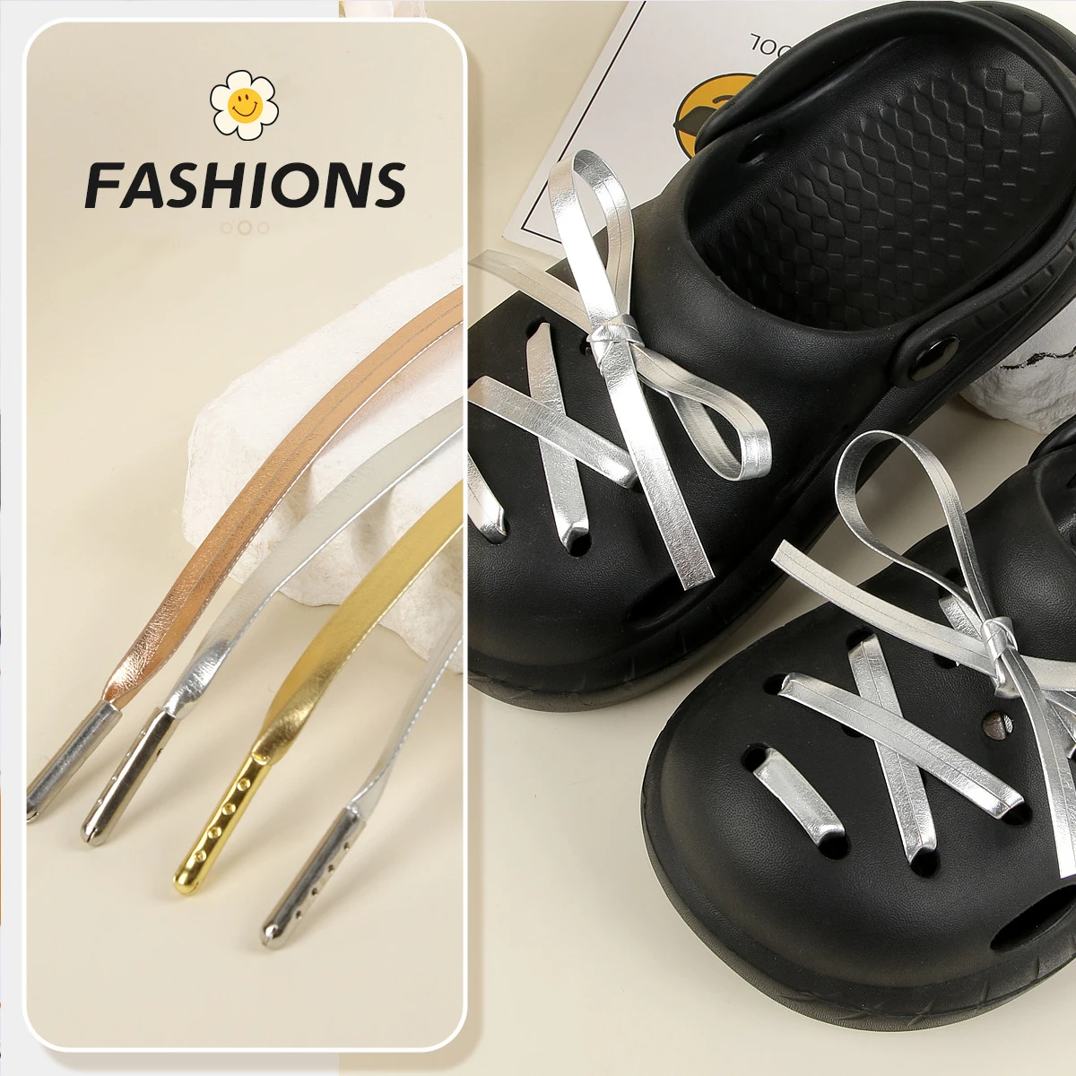 Luxury Flat Faux PU Leather Shoelaces, Gold Silver Rope Shoe Laces with Metal Tips for Sneakers Casual Shoes