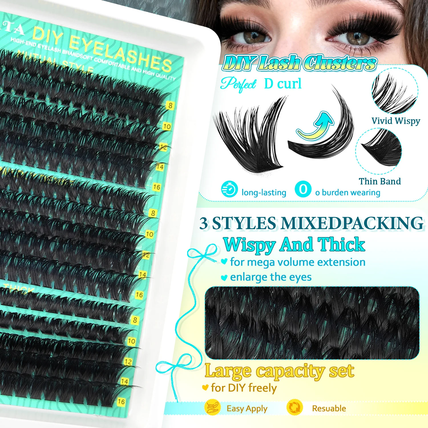 Manga Lash Clusters Kit 60D 80D 100D Individual Eyelash Extensions 8-16mm D Curl Natural Cat Eye Dramatic Lashes DIY