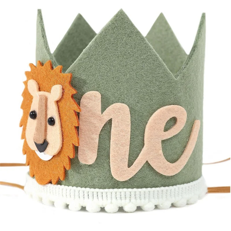 ABCL 1 anno per bambini, avocado, leone verde, corona di compleanno, prima festa per bambini, safari bianco non tessuto