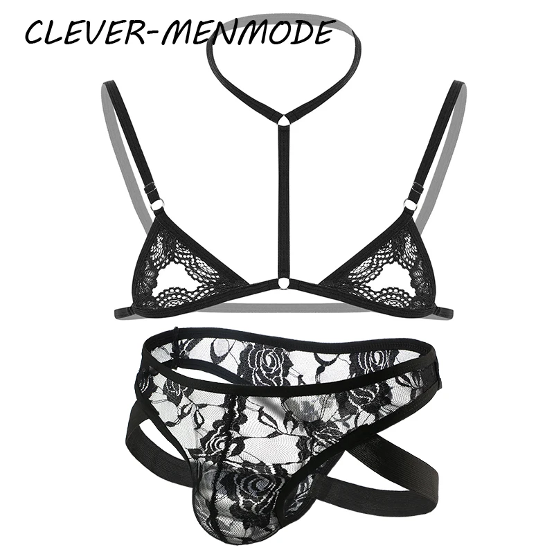 Men\'s Sexy Underwea Set Mini Lace Transparent Bra Briefs Sex Lingerie Sissy Fetish Bikini Exotic Men Seat Belt BDSM Gay