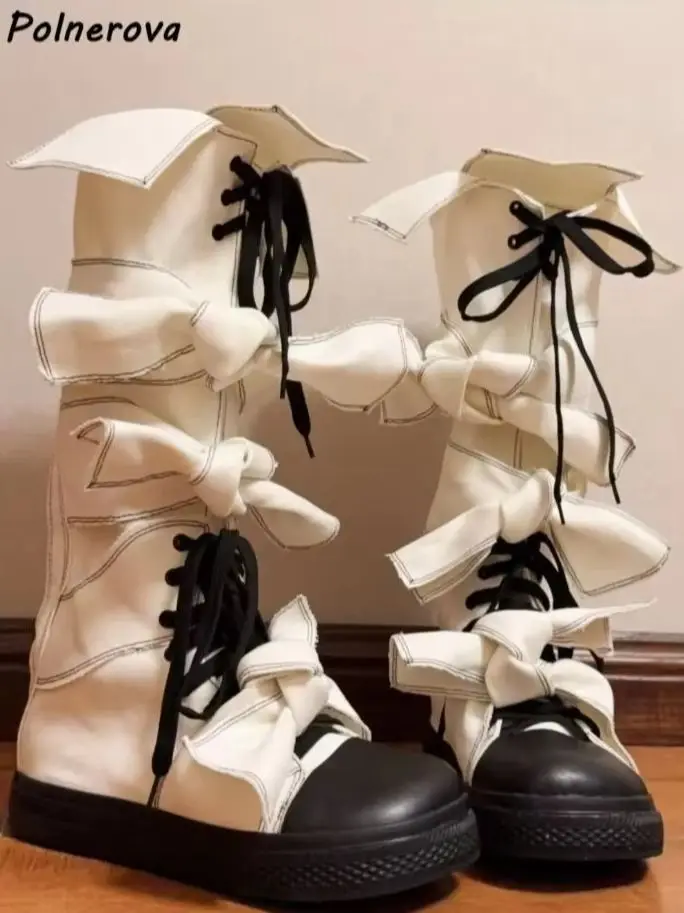 Plaid Butterfly Knot Boots Canvas Platform Cross Tied Thick Soled Lace Up Shoes Winter Fashion High Increase Knee High Boots