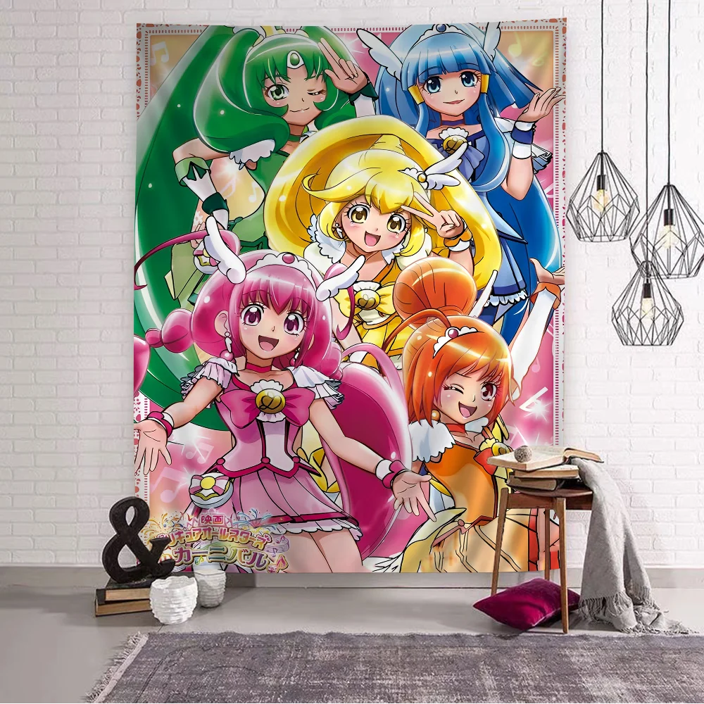 Smile PreCure Tapestry, Glitter Force Five Mermaid Princesses Wall Hanging, Cute Magical Girls Room Decor for Bedroom & Dorm