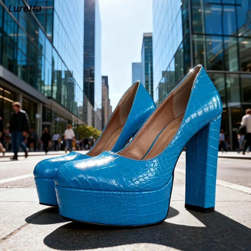 

Artisanal Blue Croc-Embossed Heels - Platform Design, Handcrafted Leather, Women's Fashion Footwear Ladies US Plus Size 5-20