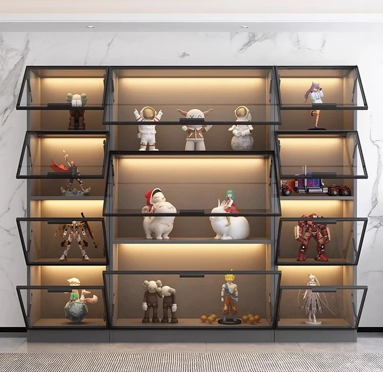 Customized bookcase with glass door, whole wall dust-proof bookshelf, light luxury display display, household living room