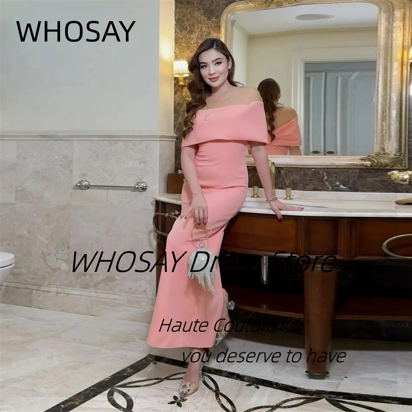

WHOSAY Customized Ankle Length Sheath Prom Dresses Sheer O-Neck Short Sleeves Vestido De Festa Zipper Back Evening Party Dress