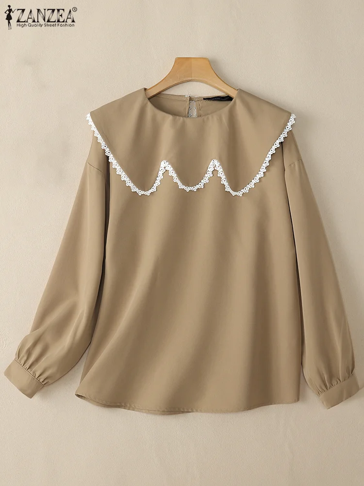 

ZANZEA, весенний халат с кружевной отделкой, весна 2021, топы в корейском стиле, элегантный уличный воротник с воротником «Питер Пэн», блузки с рукавами-фонариками, женские блузки