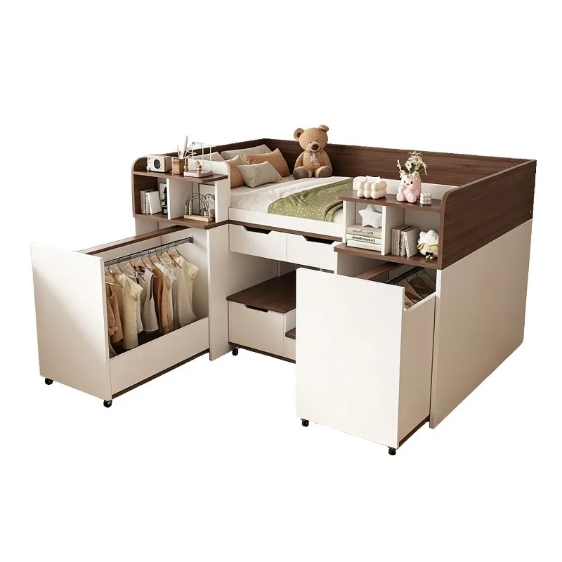 Half-height bed with wardrobe and desk integrated combination