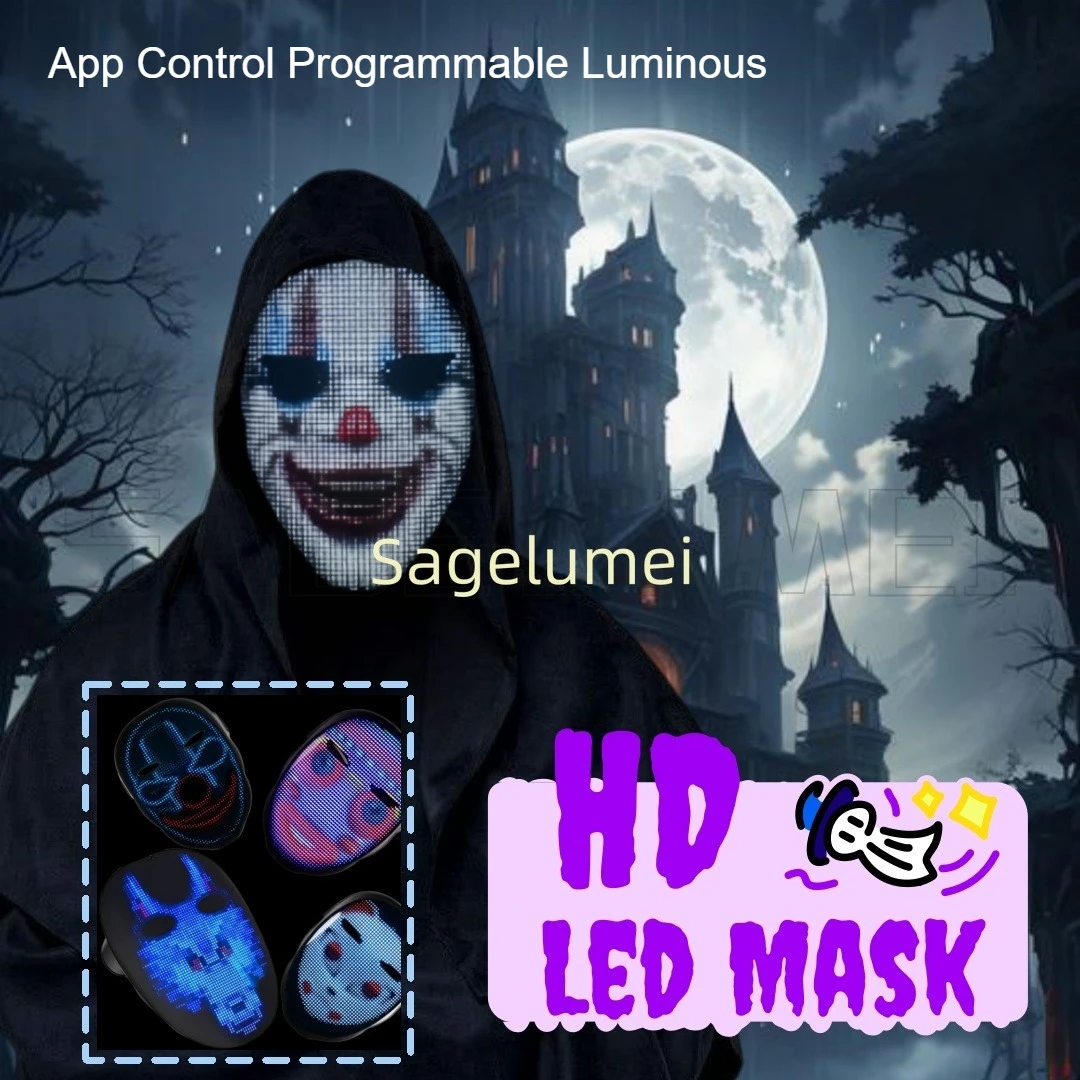 App Control Programmable Luminous HD RGB FullColor Led Mask with Voice Recognition Gesture Face Transforming Light up Halloween