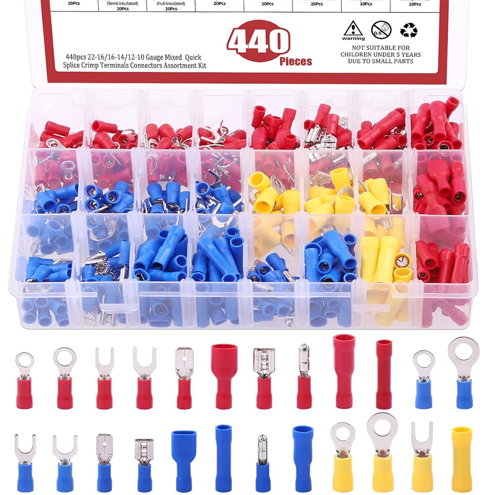 

440 шт., 22-16/16-14/12-10, калибр, электрическое изолированное кольцо, пуля, стыковая лопатка, вилка, обжимные клеммы для проводов, комплект разъемов