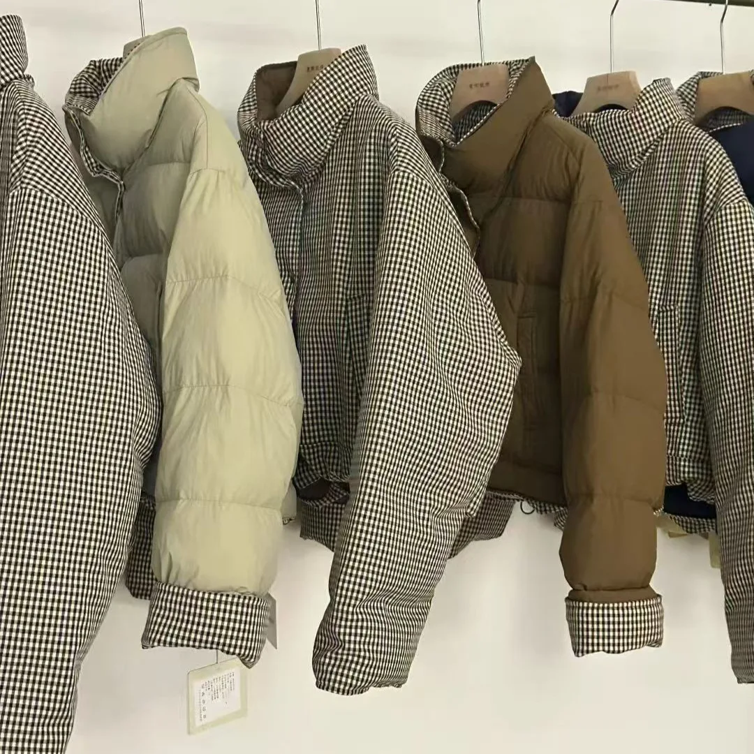 Ladies wear stand-up collar white duck down jacket on both sides version plaid loose and thin bread jacket thickened jacket