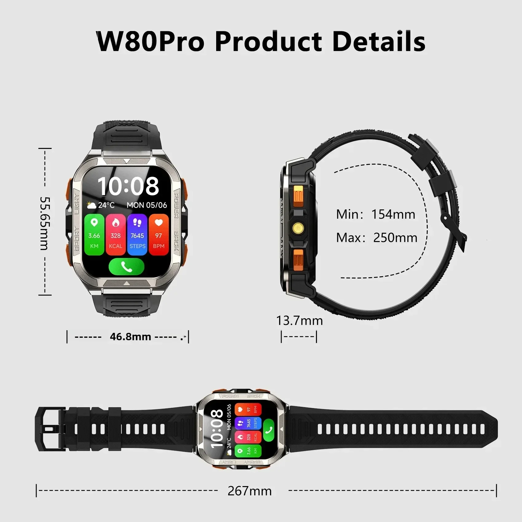 ساعة Blackview W80 Pro GPS الذكية للرجال والنساء ساعة رياضية خارجية مع مصباح يدوي LED بشاشة TFT مقاس 1.91 بوصة لتحديد المواقع عبر البلوتوث