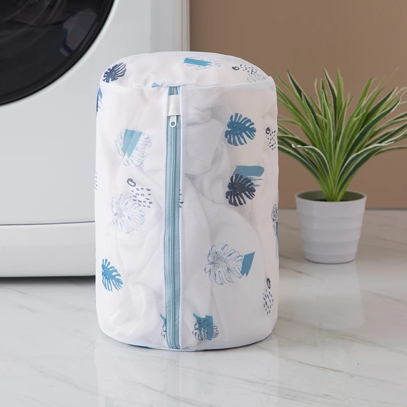 Laundry Bag Print Blue Leafves Dirty Clothes Cleaning Protect Washing Bag Household Clothes Organizer Mesh Zipper Laundry Bags