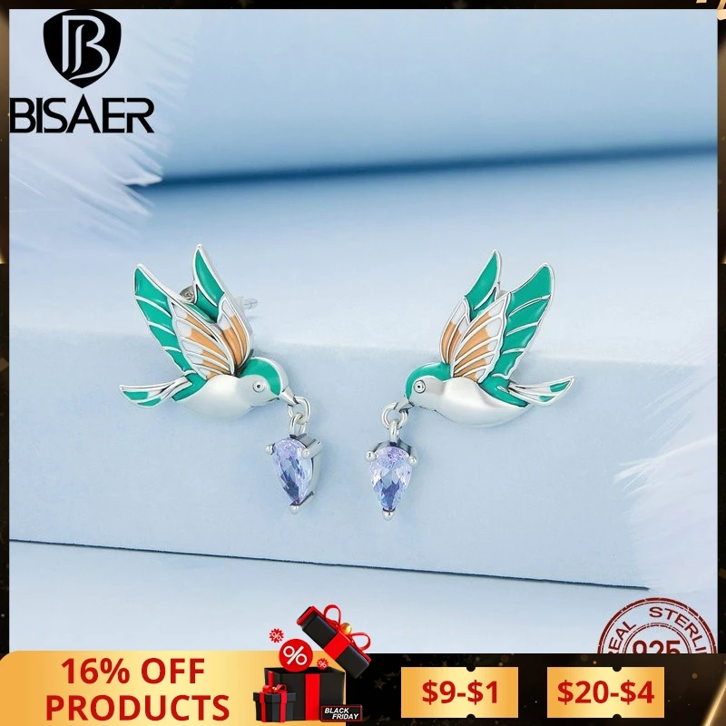 BISAER 925 Sterling Silver Colorful Kingfisher Stud Earrings Purple Zircon Delicate Bird Ear For Women Original Fine Jewelry