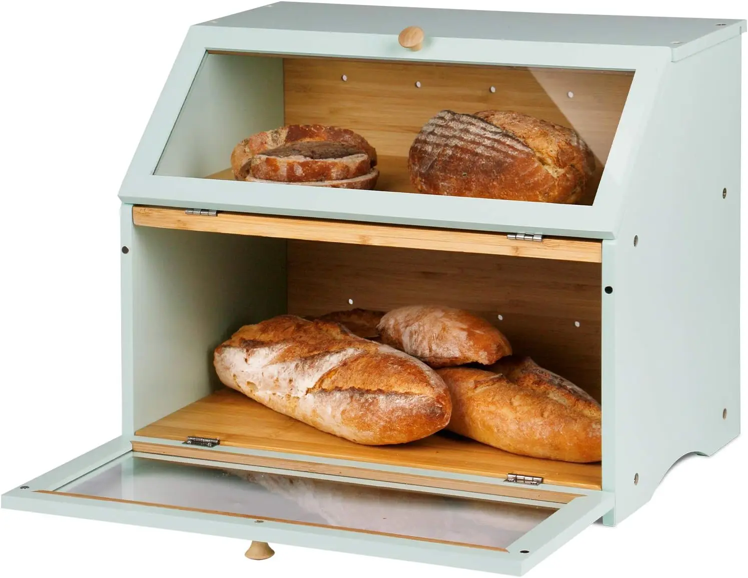 Double Layer Large Bread Box for Kitchen Counter, Wooden Large Capacity Bread Storage Bin (Mint Green)