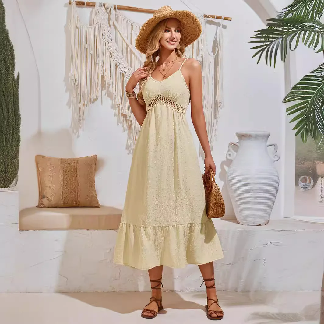 European and American Cross border New Dress Summer Casual V-neck Solid Color Hollow Hanging Strap Dress