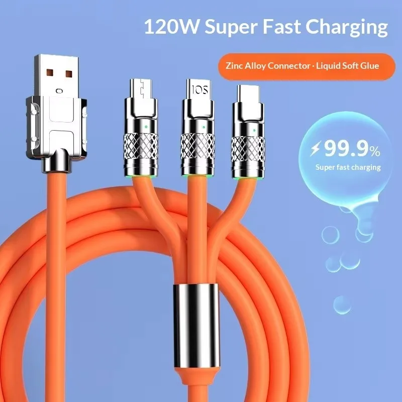 3-in-1 Fast Charge 120W 6A USB C Lightning Micro USB Charging Cable for Samsung Huawei iPhone - Durable Charging Cord