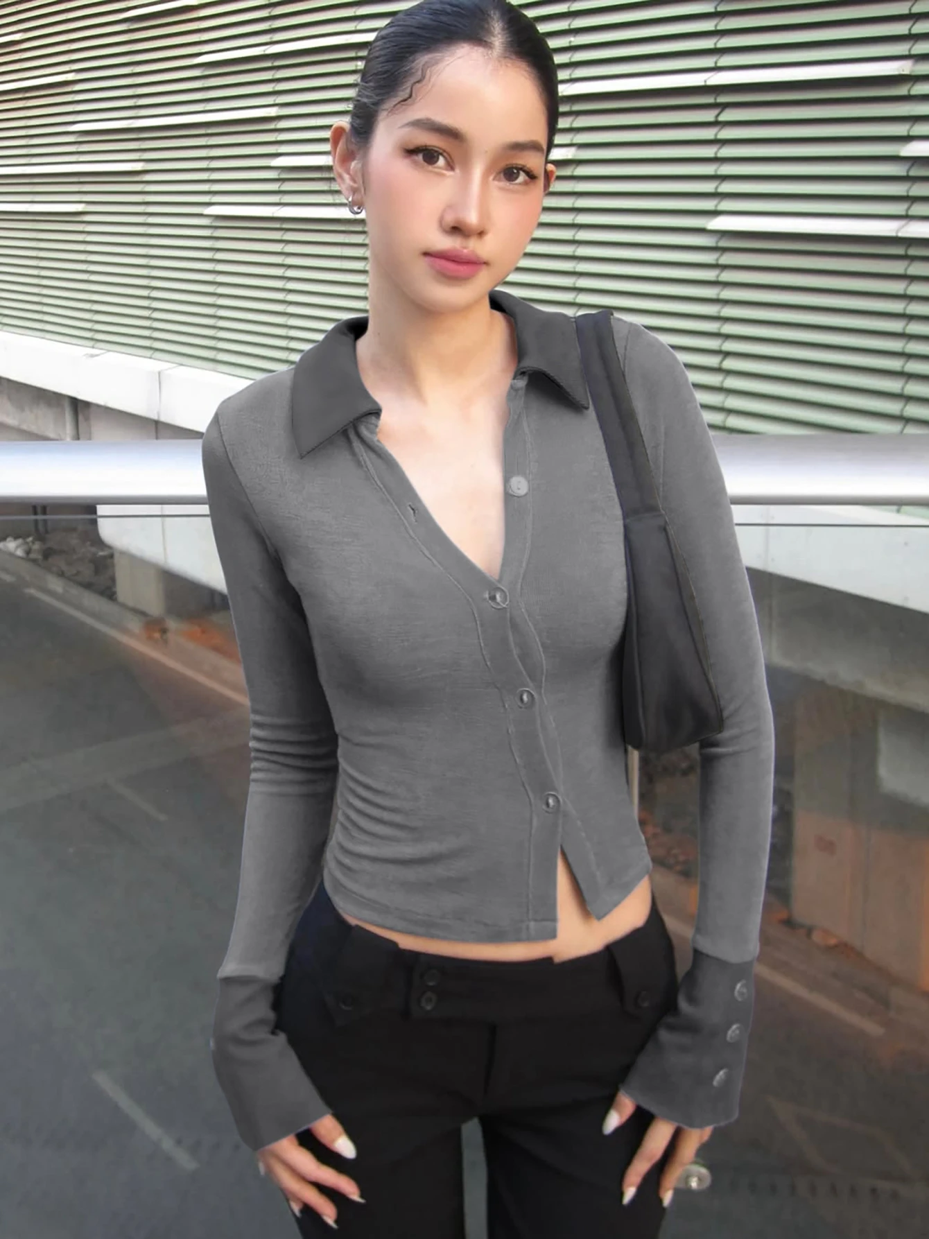 

Autumn Fashion Turn-Down Collar Long Flare Sleeve Single Breasted Patchwork Cardigan Women'S Casual Street Style Clothes